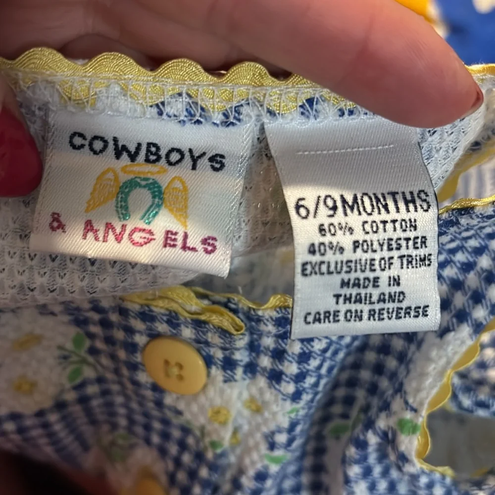 Cowboys & Angels | Blue Check Floral Bubble‎ Onesie Sz 6-9m